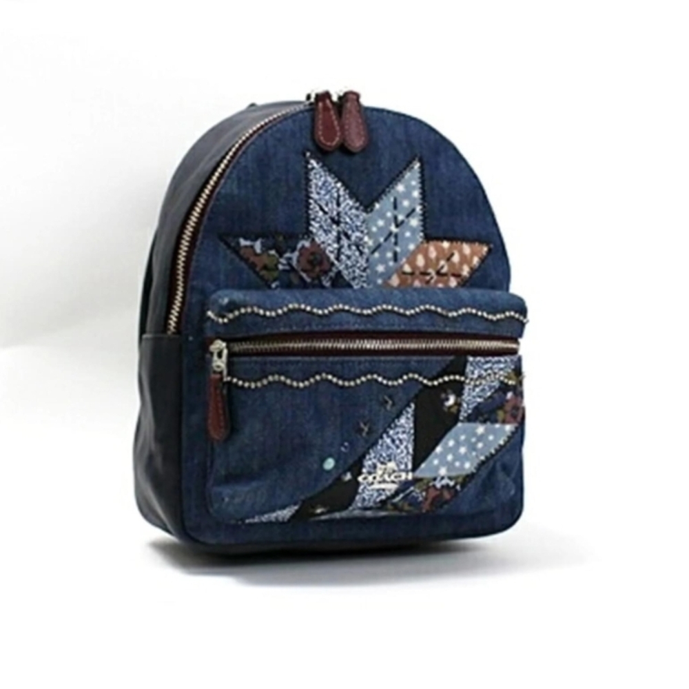 Coach Mini Charlie Backpack Denim Leather Bag Purse Navy F39917